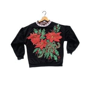 Vintage 90s Christmas Sweater Poinsettia 1991 Made in USA Size Medium Faded Tag
